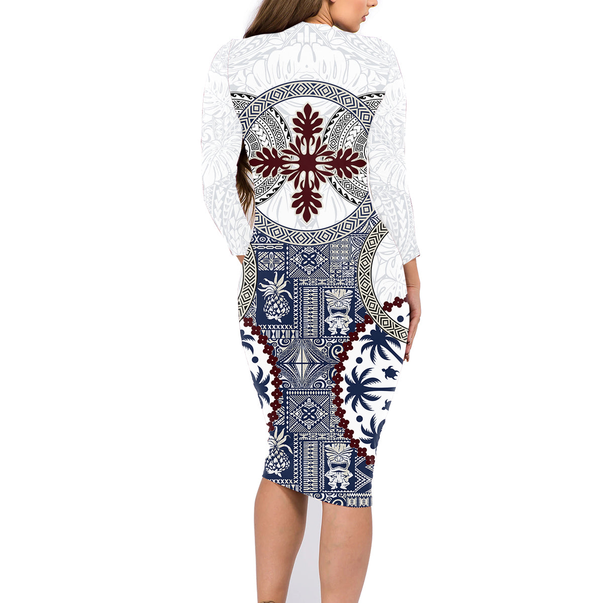 Hawaii Family Matching Long Sleeve Bodycon Dress and Hawaiian Shirt Barkcloth Pattern Vintage Style LT05 - Polynesian Pride