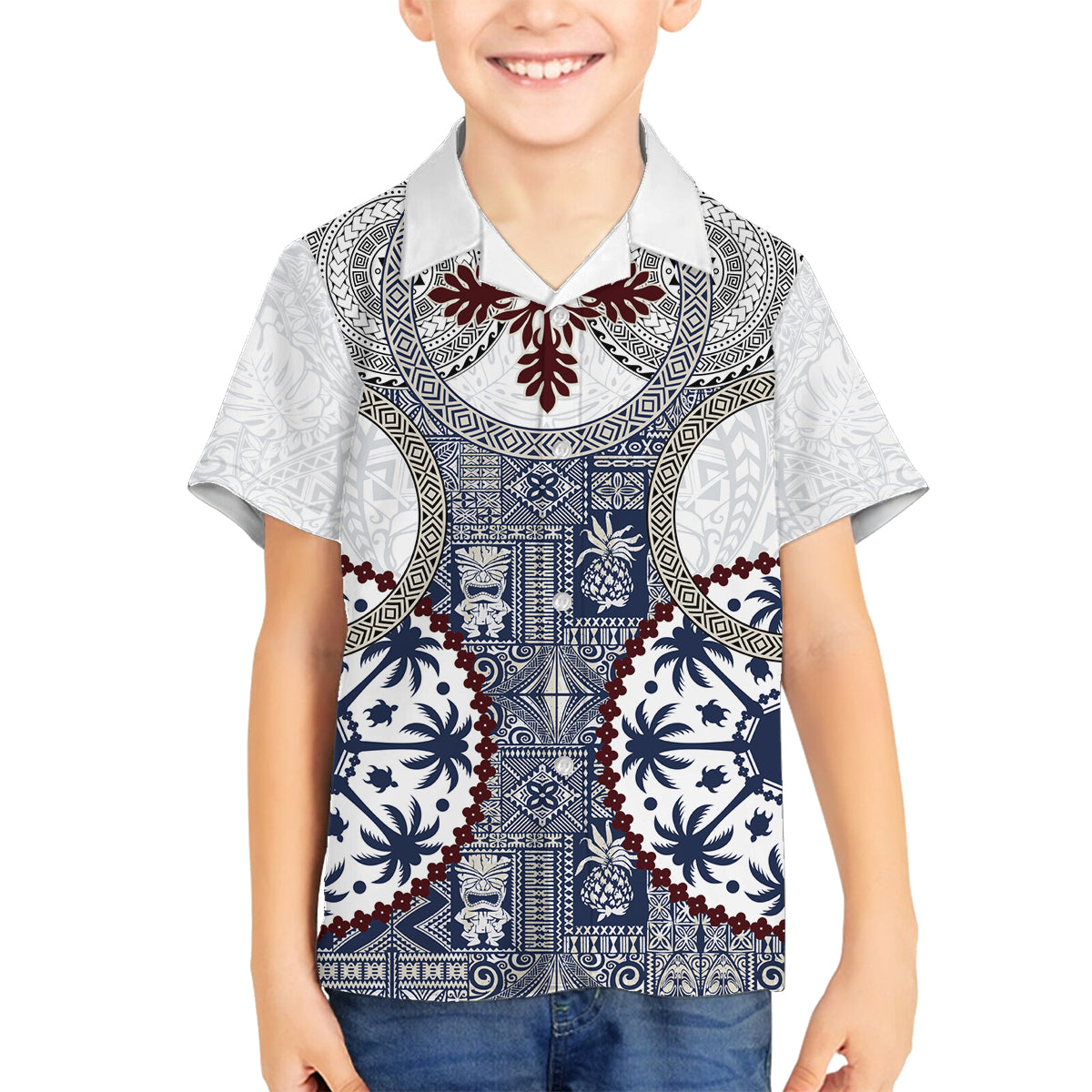 Hawaii Family Matching Off Shoulder Long Sleeve Dress and Hawaiian Shirt Barkcloth Pattern Vintage Style LT05 Son's Shirt Blue - Polynesian Pride