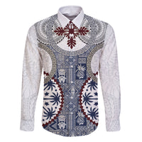 Hawaii Family Matching Off Shoulder Short Dress and Hawaiian Shirt Barkcloth Pattern Vintage Style LT05 Dad's Shirt - Long Sleeve Blue - Polynesian Pride