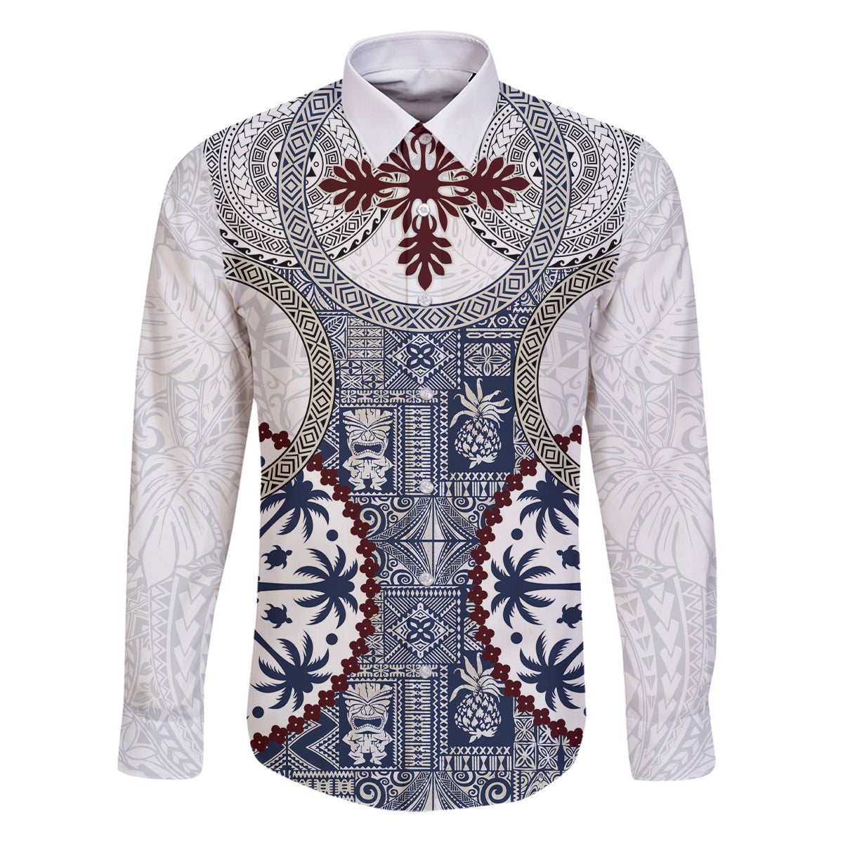 Hawaii Family Matching Puletasi and Hawaiian Shirt Barkcloth Pattern Vintage Style LT05 Dad's Shirt - Long Sleeve Blue - Polynesian Pride