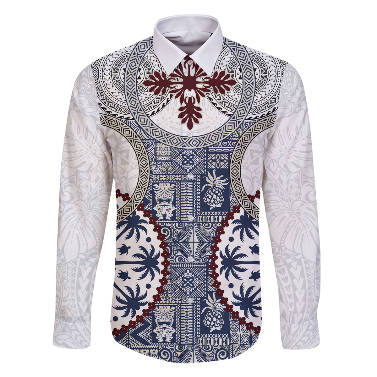 Hawaii Family Matching Tank Maxi Dress and Hawaiian Shirt Barkcloth Pattern Vintage Style LT05 Dad's Shirt - Long Sleeve Blue - Polynesian Pride