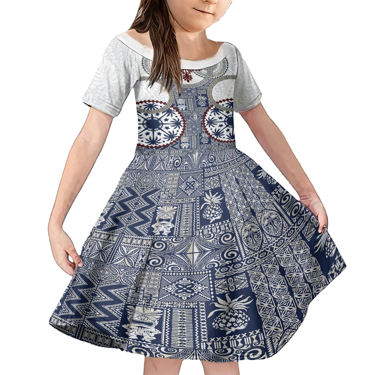 Hawaii Kid Short Sleeve Dress Barkcloth Pattern Vintage Style LT05 KID Blue - Polynesian Pride