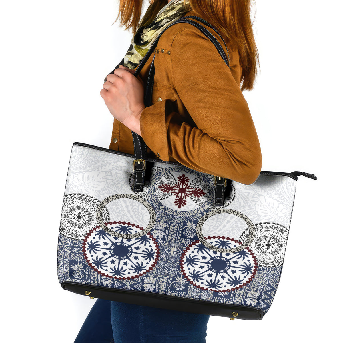 Hawaii Leather Tote Bag Barkcloth Pattern Vintage Style LT05 Blue - Polynesian Pride