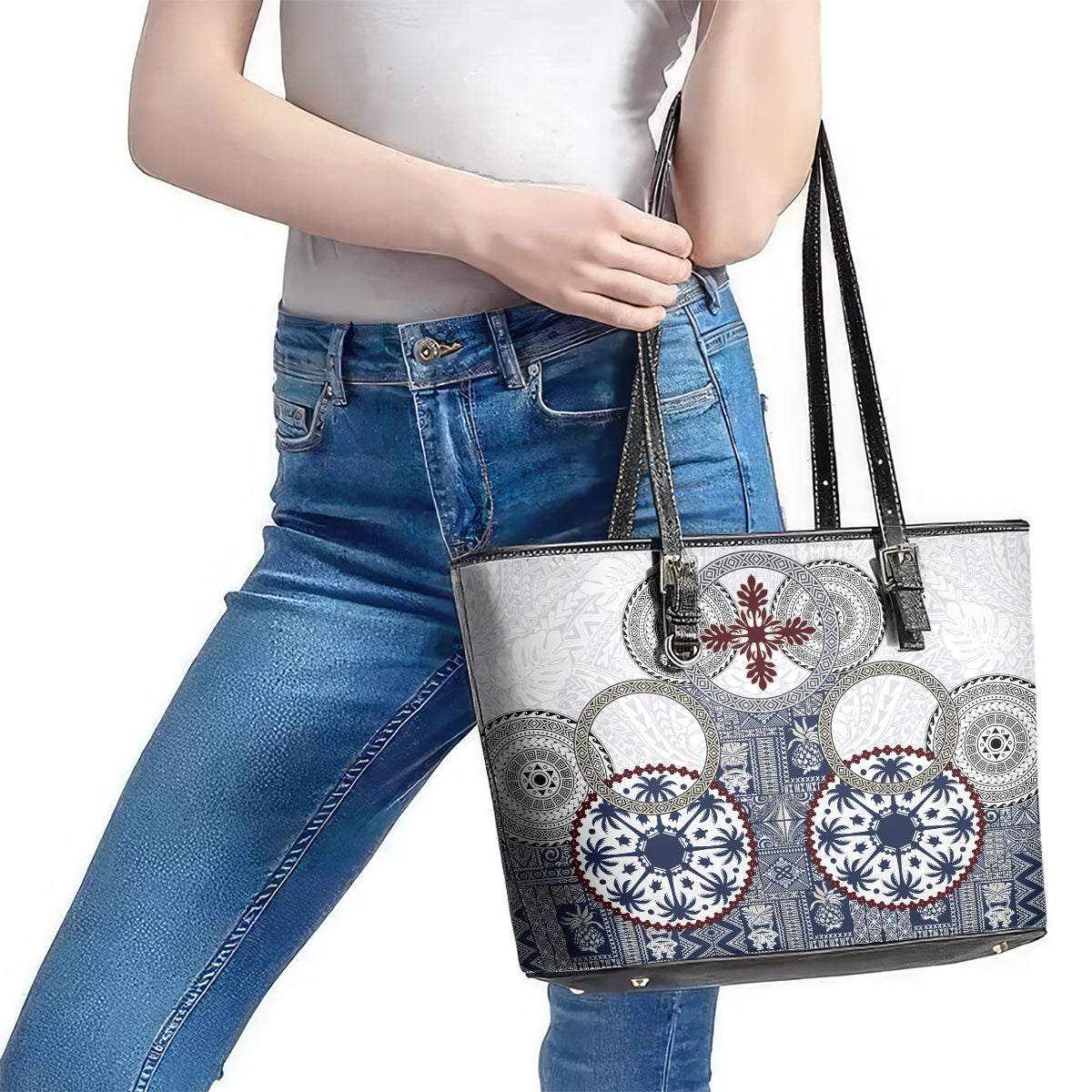 Hawaii Leather Tote Bag Barkcloth Pattern Vintage Style LT05 - Polynesian Pride