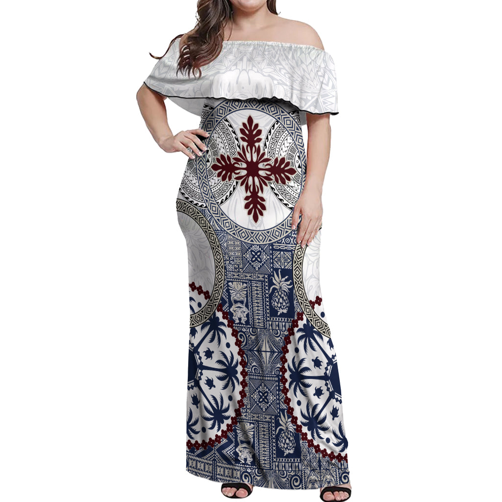Hawaii Off Shoulder Maxi Dress Barkcloth Pattern Vintage Style LT05 Women Blue - Polynesian Pride