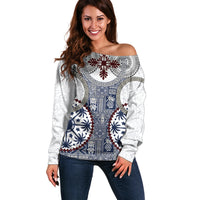 Hawaii Off Shoulder Sweater Barkcloth Pattern Vintage Style LT05 Women Blue - Polynesian Pride