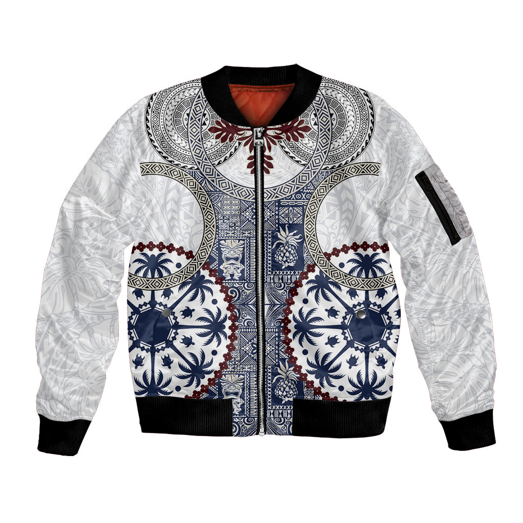 Hawaii Sleeve Zip Bomber Jacket Barkcloth Pattern Vintage Style LT05 Unisex Blue - Polynesian Pride