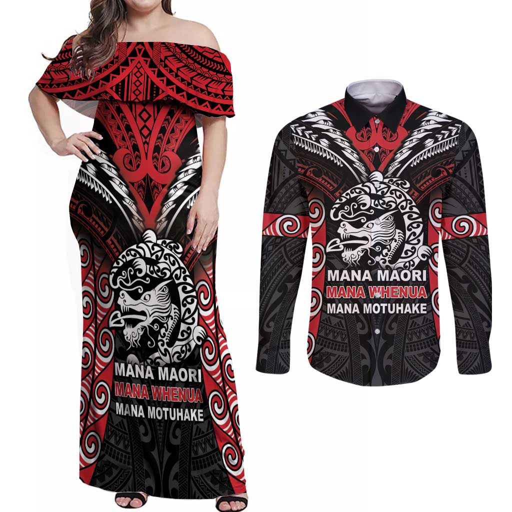 Aotearoa Mana Maori Couples Matching Off Shoulder Maxi Dress and Long Sleeve Button Shirt Toitu Te Tiriti LT05 Black - Polynesian Pride