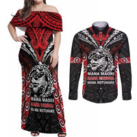 Aotearoa Mana Maori Couples Matching Off Shoulder Maxi Dress and Long Sleeve Button Shirt Toitu Te Tiriti LT05 Black - Polynesian Pride