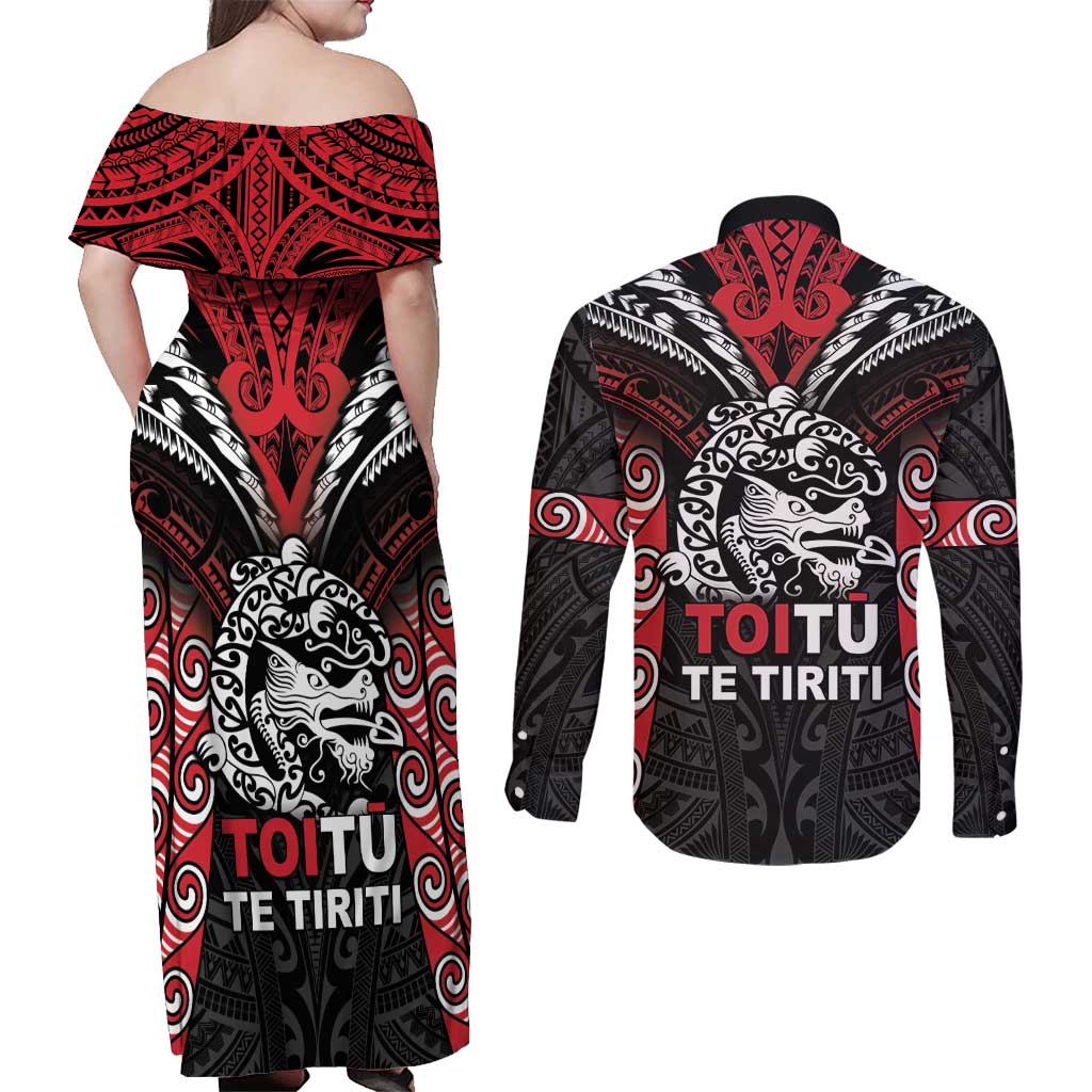 Aotearoa Mana Maori Couples Matching Off Shoulder Maxi Dress and Long Sleeve Button Shirt Toitu Te Tiriti LT05 - Polynesian Pride