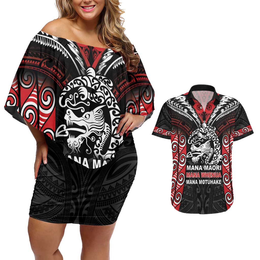 Aotearoa Mana Maori Couples Matching Off Shoulder Short Dress and Hawaiian Shirt Toitu Te Tiriti
