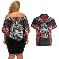 Aotearoa Mana Maori Couples Matching Off Shoulder Short Dress and Hawaiian Shirt Toitu Te Tiriti