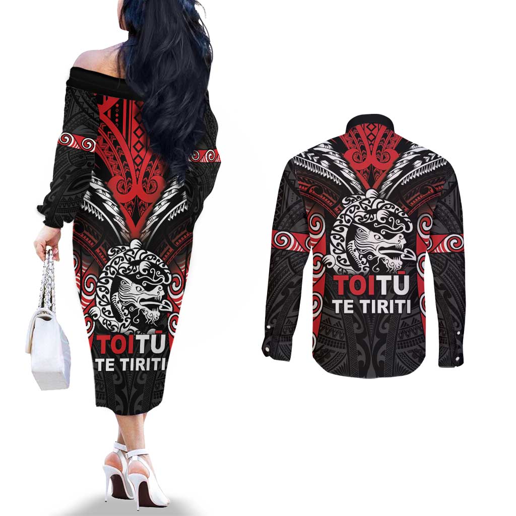 Aotearoa Mana Maori Couples Matching Off The Shoulder Long Sleeve Dress and Long Sleeve Button Shirt Toitu Te Tiriti