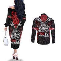 Aotearoa Mana Maori Couples Matching Off The Shoulder Long Sleeve Dress and Long Sleeve Button Shirt Toitu Te Tiriti