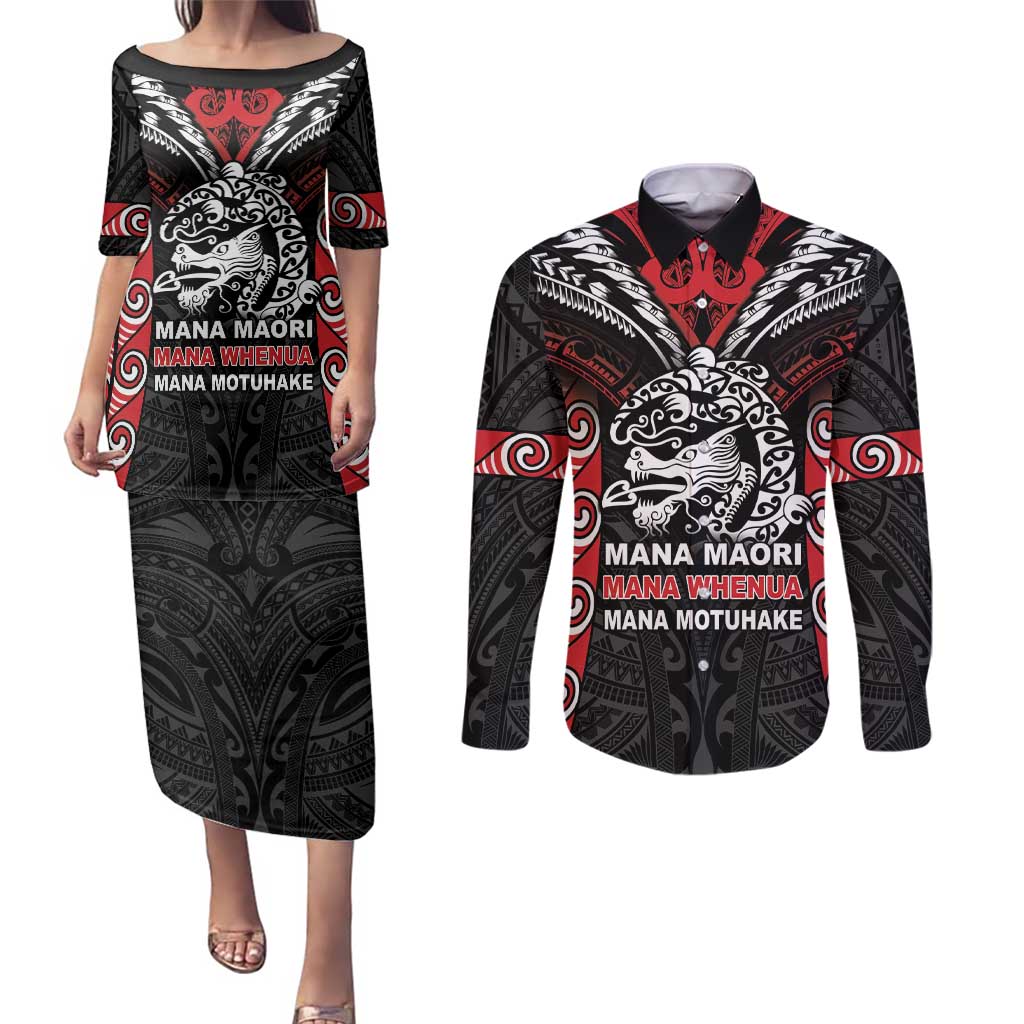 Aotearoa Mana Maori Couples Matching Puletasi and Long Sleeve Button Shirt Toitu Te Tiriti