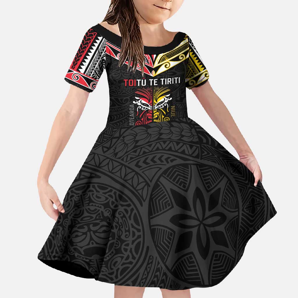 Niue And Aotearoa Family Matching Summer Maxi Dress and Hawaiian Shirt Together For Te Tiriti O Waitangi LT05 Daughter's Dress Black - Polynesian Pride