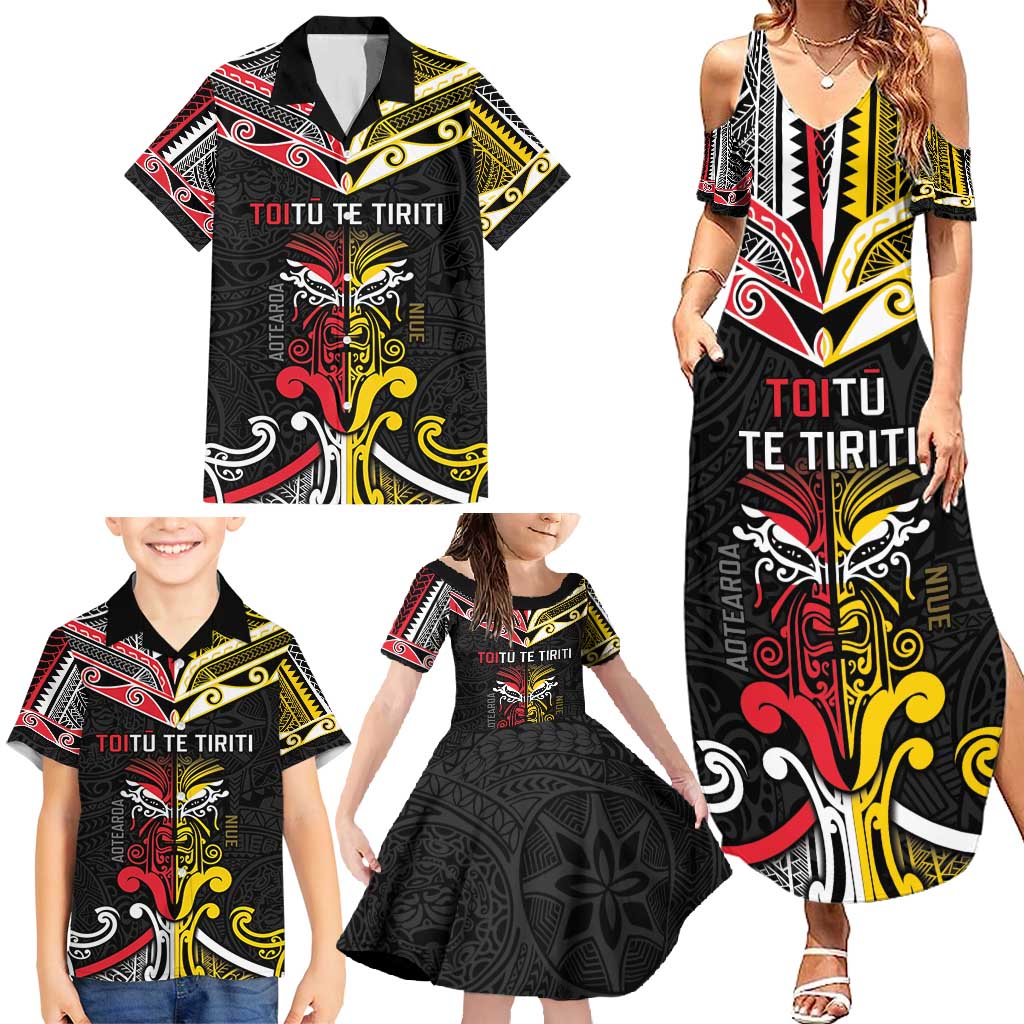 Niue And Aotearoa Family Matching Summer Maxi Dress and Hawaiian Shirt Together For Te Tiriti O Waitangi LT05 - Polynesian Pride