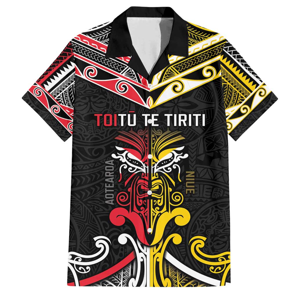 Niue And Aotearoa Family Matching Summer Maxi Dress and Hawaiian Shirt Together For Te Tiriti O Waitangi LT05 Dad's Shirt - Short Sleeve Black - Polynesian Pride