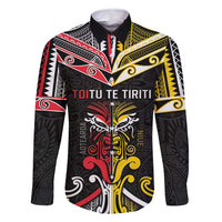 Niue And Aotearoa Family Matching Summer Maxi Dress and Hawaiian Shirt Together For Te Tiriti O Waitangi LT05 Dad's Shirt - Long Sleeve Black - Polynesian Pride