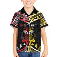 Niue And Aotearoa Family Matching Summer Maxi Dress and Hawaiian Shirt Together For Te Tiriti O Waitangi LT05 Son's Shirt Black - Polynesian Pride