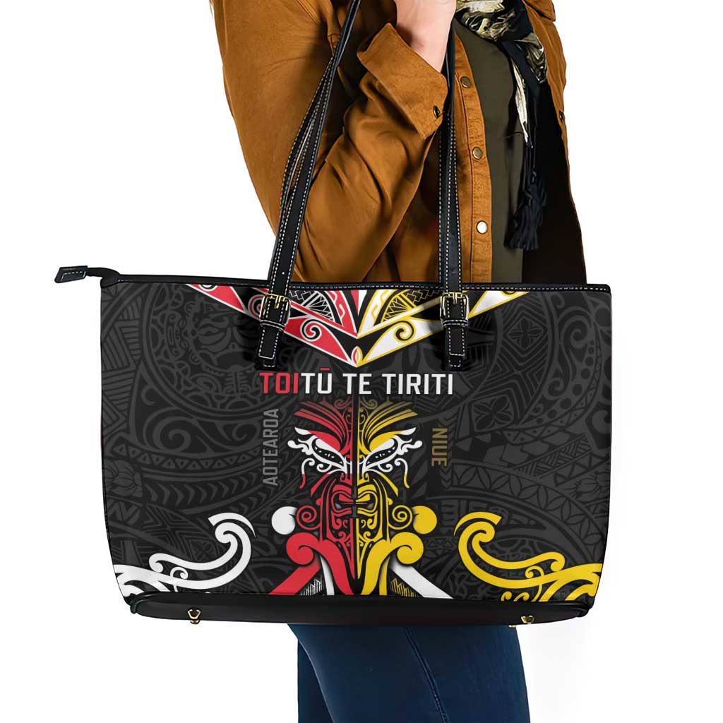 Niue And Aotearoa Leather Tote Bag Together For Te Tiriti O Waitangi LT05 - Polynesian Pride