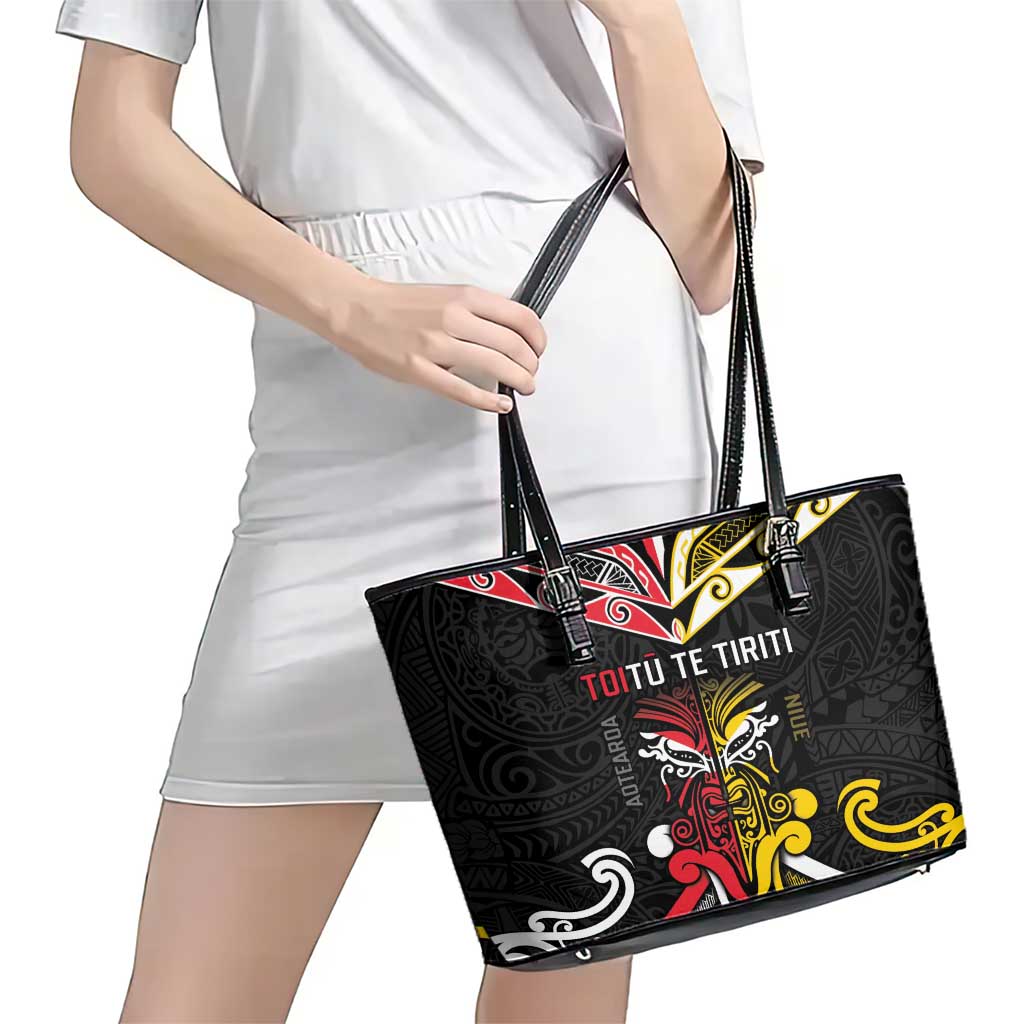 Niue And Aotearoa Leather Tote Bag Together For Te Tiriti O Waitangi LT05 - Polynesian Pride