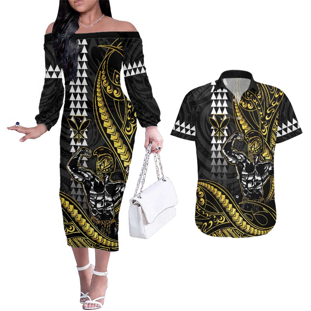 Hawaii Ikaika Warrior Helmet Couples Matching Off The Shoulder Long Sleeve Dress and Hawaiian Shirt Gold Style
