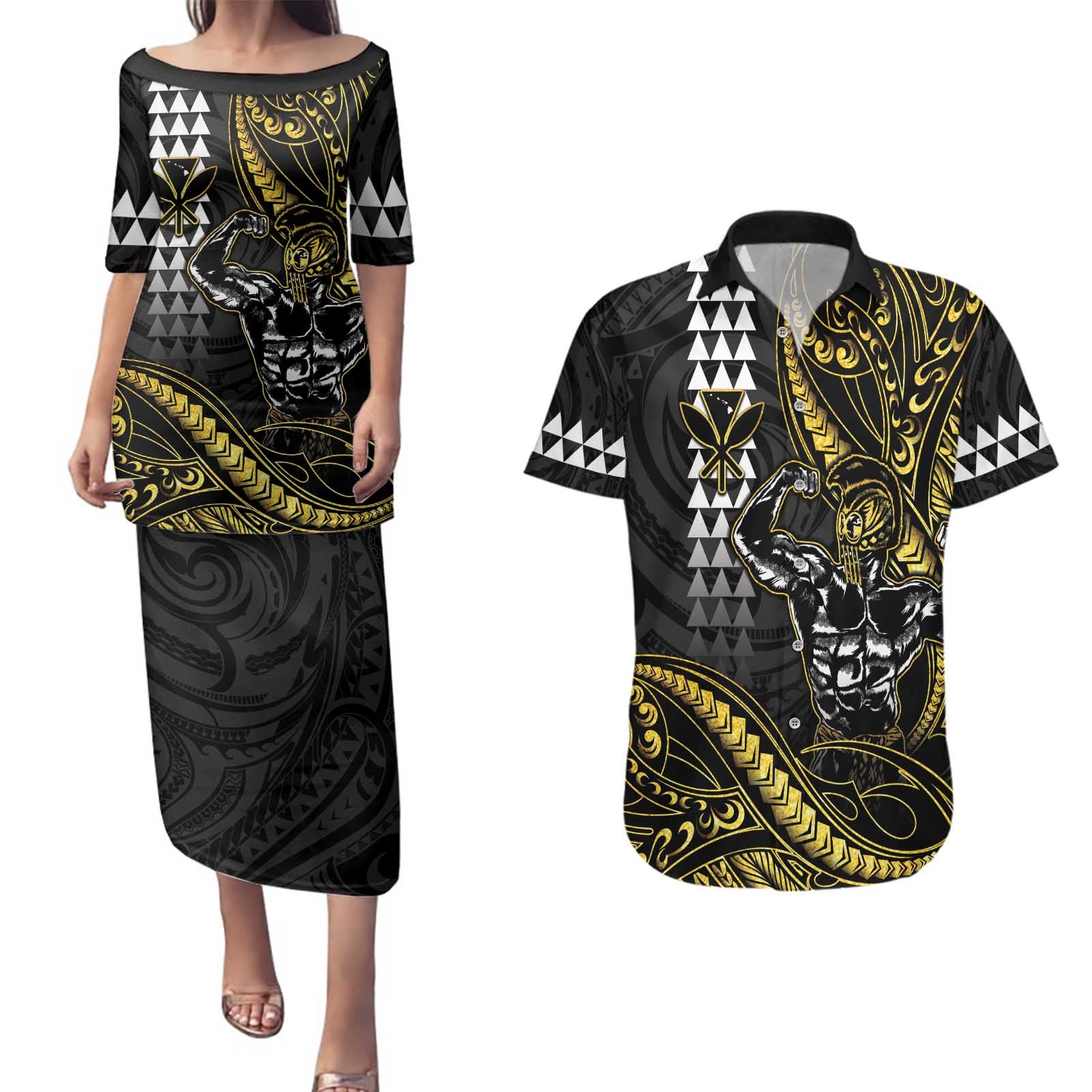 Hawaii Ikaika Warrior Helmet Couples Matching Puletasi and Hawaiian Shirt Gold Style