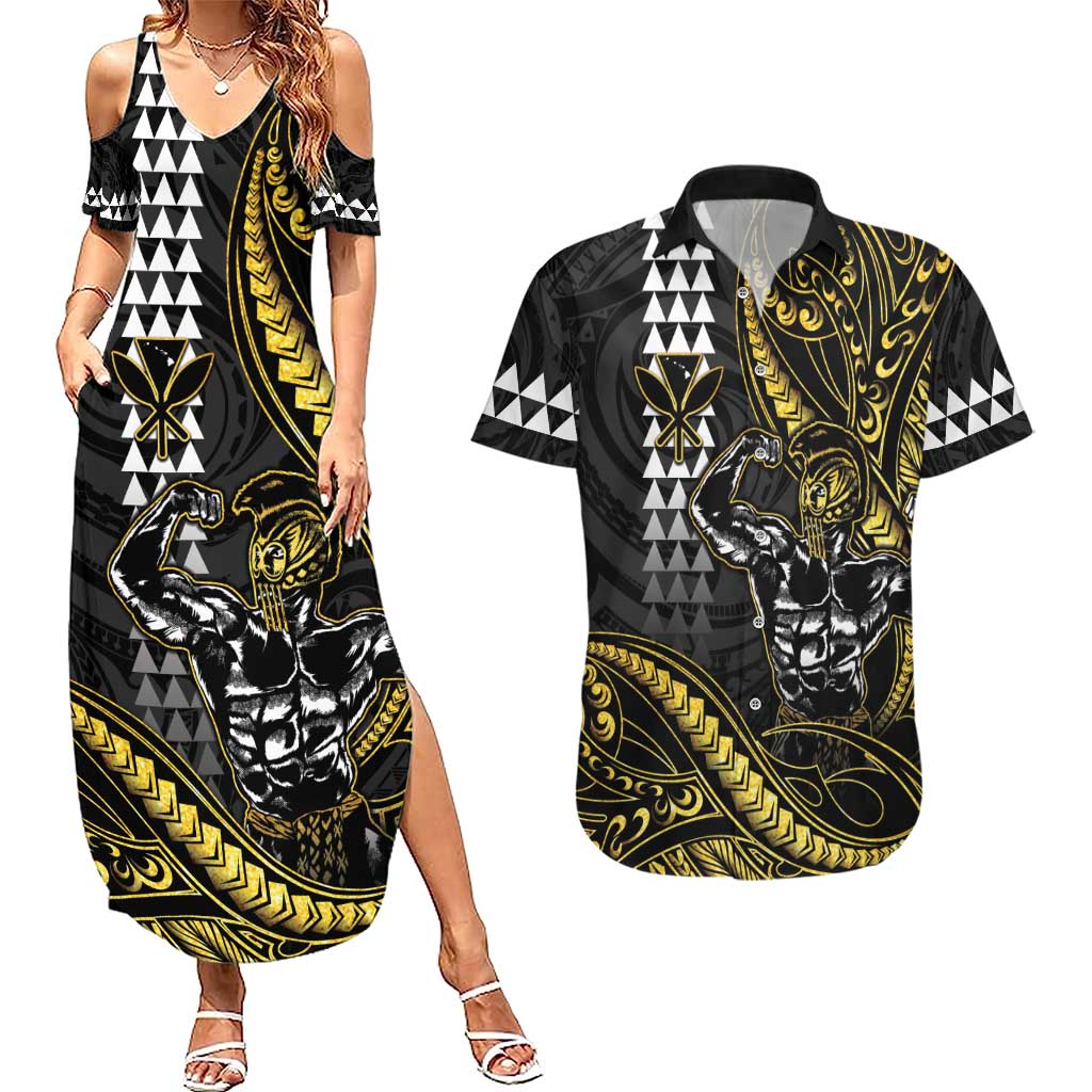 Hawaii Ikaika Warrior Helmet Couples Matching Summer Maxi Dress and Hawaiian Shirt Gold Style