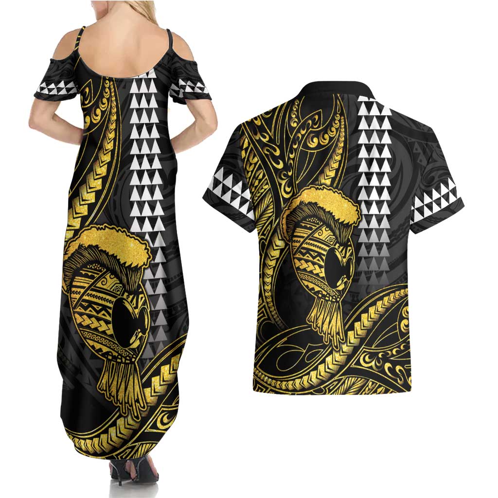 Hawaii Ikaika Warrior Helmet Couples Matching Summer Maxi Dress and Hawaiian Shirt Gold Style