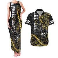 Hawaii Ikaika Warrior Helmet Couples Matching Tank Maxi Dress and Hawaiian Shirt Gold Style