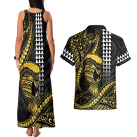 Hawaii Ikaika Warrior Helmet Couples Matching Tank Maxi Dress and Hawaiian Shirt Gold Style
