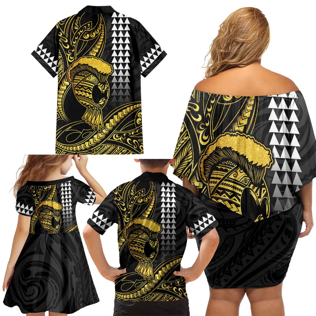Hawaii Ikaika Warrior Helmet Family Matching Off Shoulder Short Dress and Hawaiian Shirt Gold Style