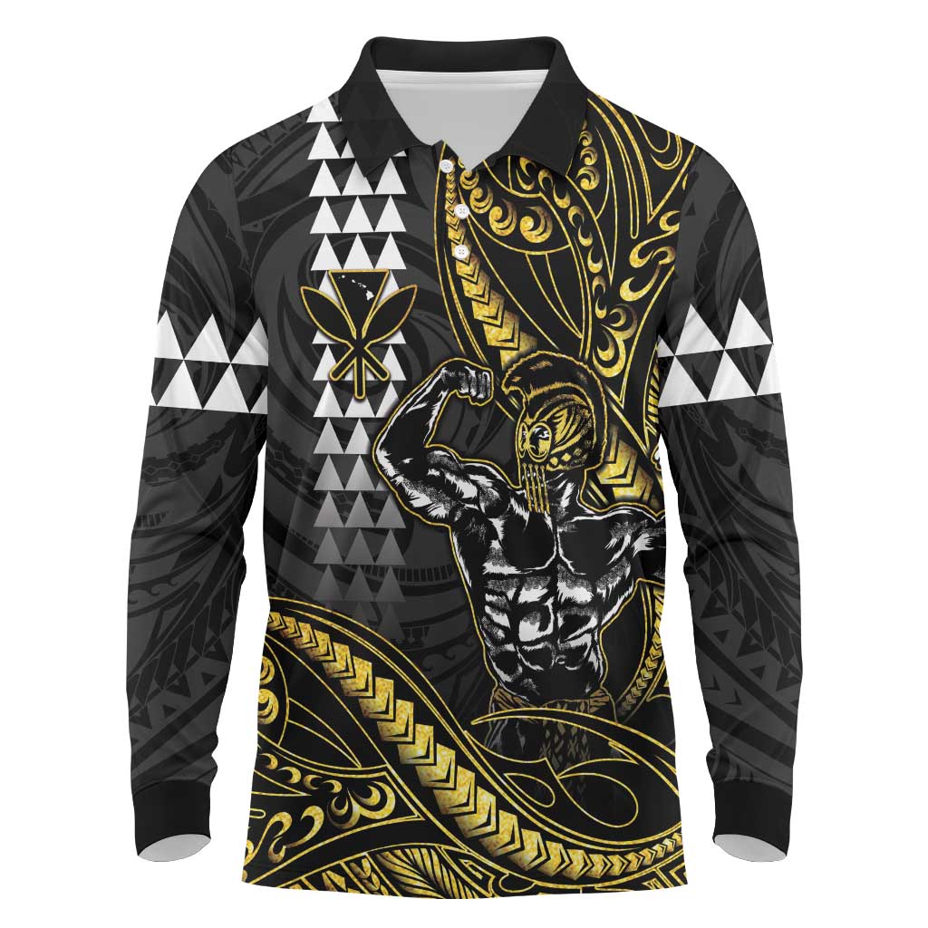 Hawaii Ikaika Warrior Helmet Long Sleeve Polo Shirt Gold Style LT05 Gold - Polynesian Pride
