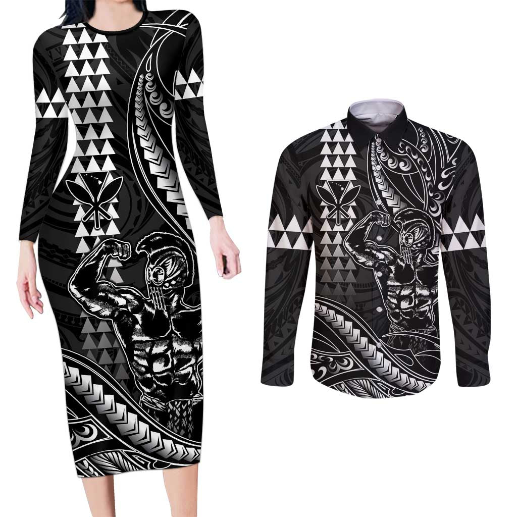 Hawaii Ikaika Warrior Helmet Couples Matching Long Sleeve Bodycon Dress and Long Sleeve Button Shirt Black Tribal Tattoo