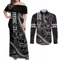 Hawaii Ikaika Warrior Helmet Couples Matching Off Shoulder Maxi Dress and Long Sleeve Button Shirt Black Tribal Tattoo