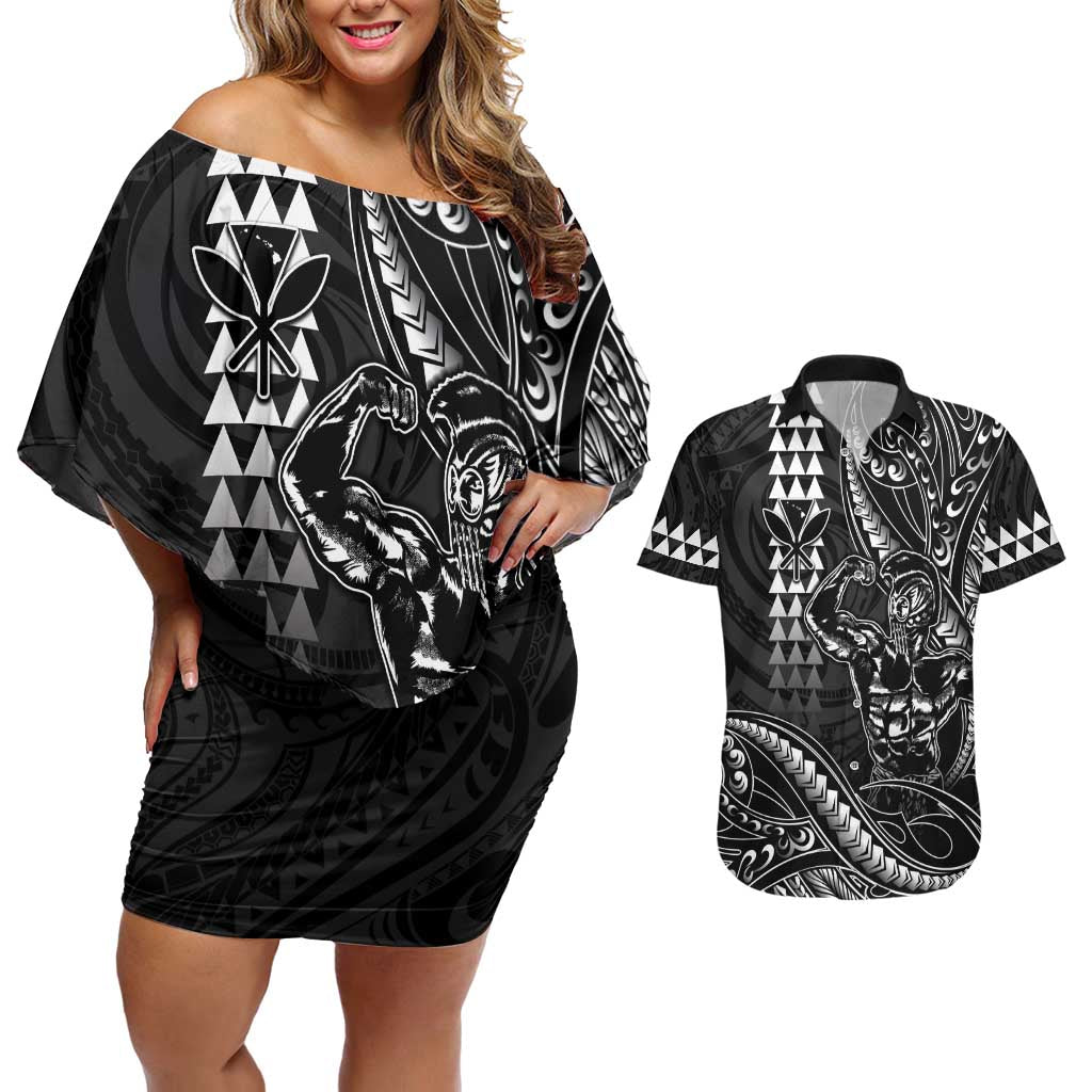 Hawaii Ikaika Warrior Helmet Couples Matching Off Shoulder Short Dress and Hawaiian Shirt Black Tribal Tattoo