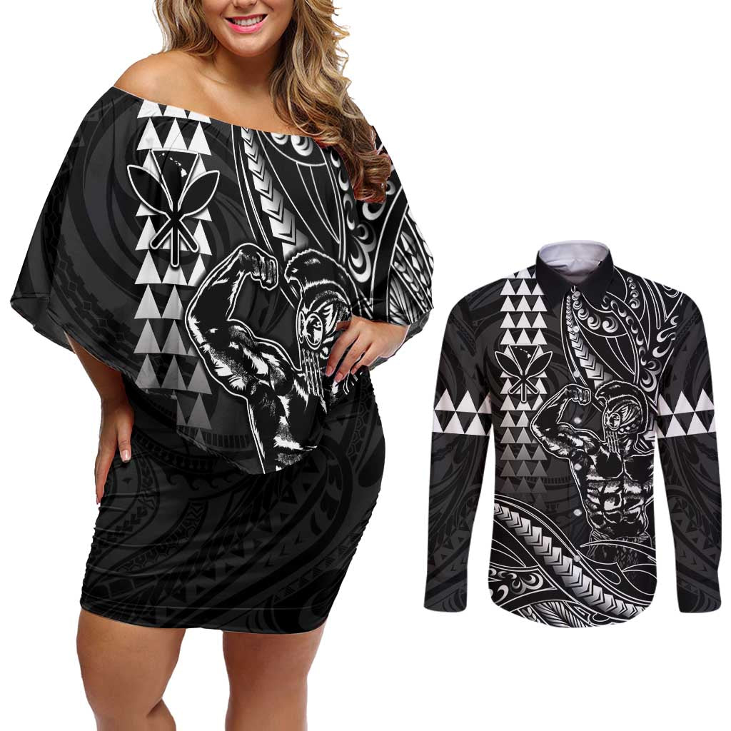 Hawaii Ikaika Warrior Helmet Couples Matching Off Shoulder Short Dress and Long Sleeve Button Shirt Black Tribal Tattoo