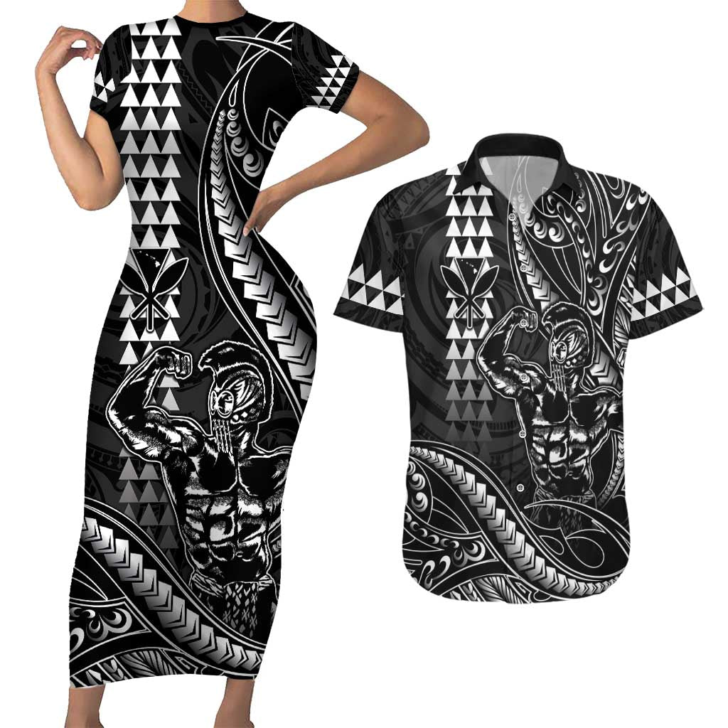Hawaii Ikaika Warrior Helmet Couples Matching Short Sleeve Bodycon Dress and Hawaiian Shirt Black Tribal Tattoo