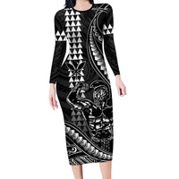 Hawaii Ikaika Warrior Helmet Family Matching Long Sleeve Bodycon Dress and Hawaiian Shirt Black Tribal Tattoo