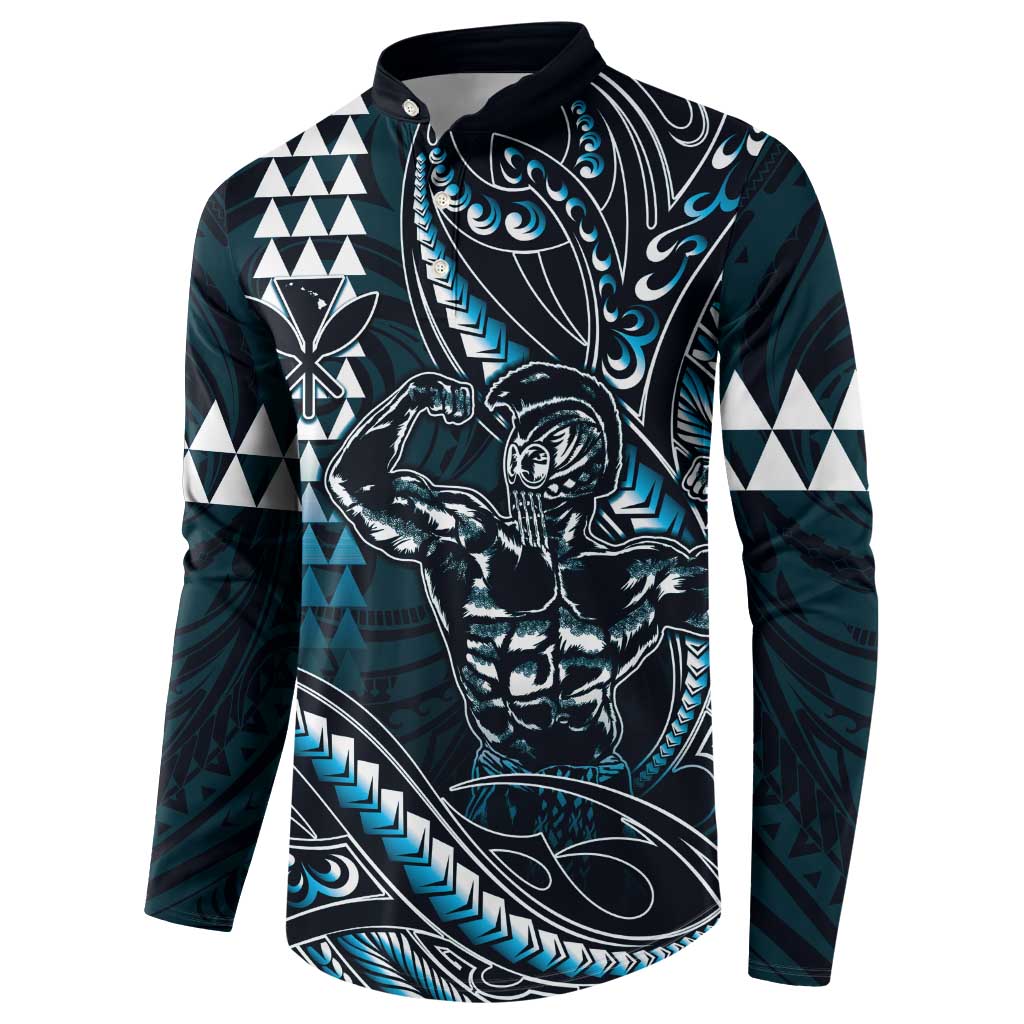 Hawaii Ikaika Warrior Helmet Button Sweatshirt Blue Tribal Tattoo LT05 - Polynesian Pride