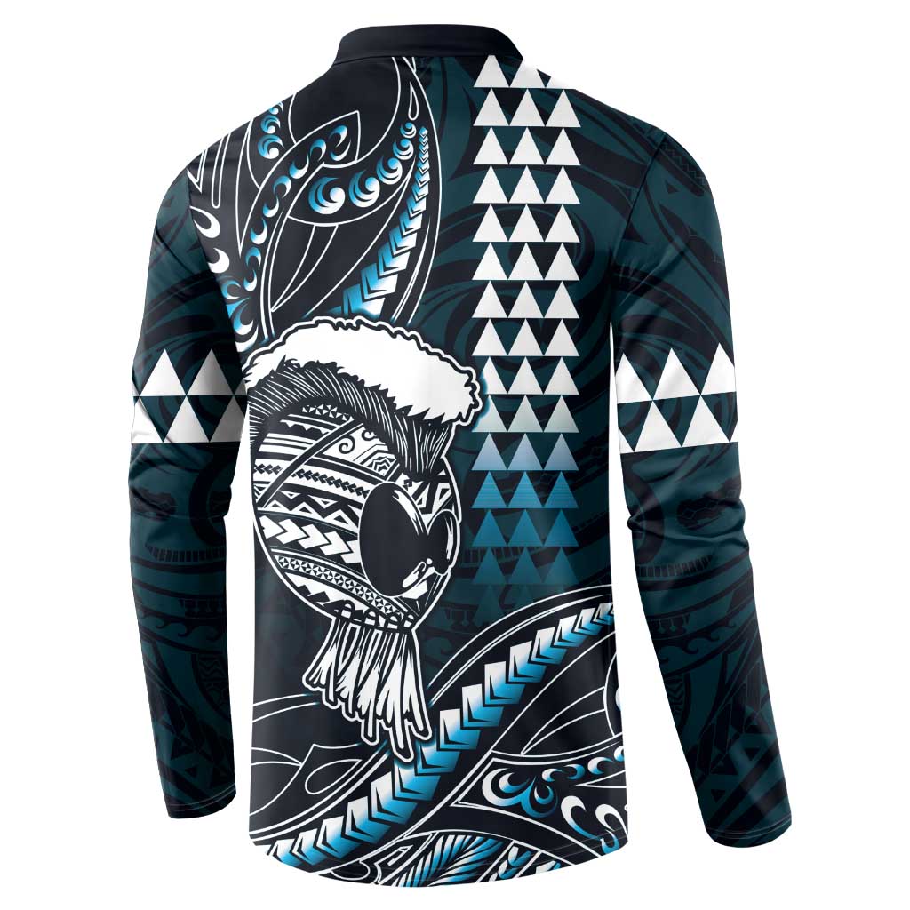 Hawaii Ikaika Warrior Helmet Button Sweatshirt Blue Tribal Tattoo LT05 - Polynesian Pride