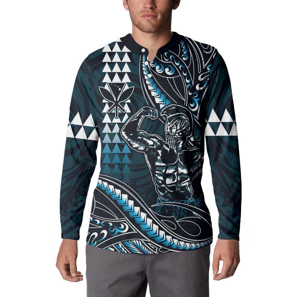 Hawaii Ikaika Warrior Helmet Button Sweatshirt Blue Tribal Tattoo LT05 - Polynesian Pride