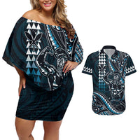 Hawaii Ikaika Warrior Helmet Couples Matching Off Shoulder Short Dress and Hawaiian Shirt Blue Tribal Tattoo
