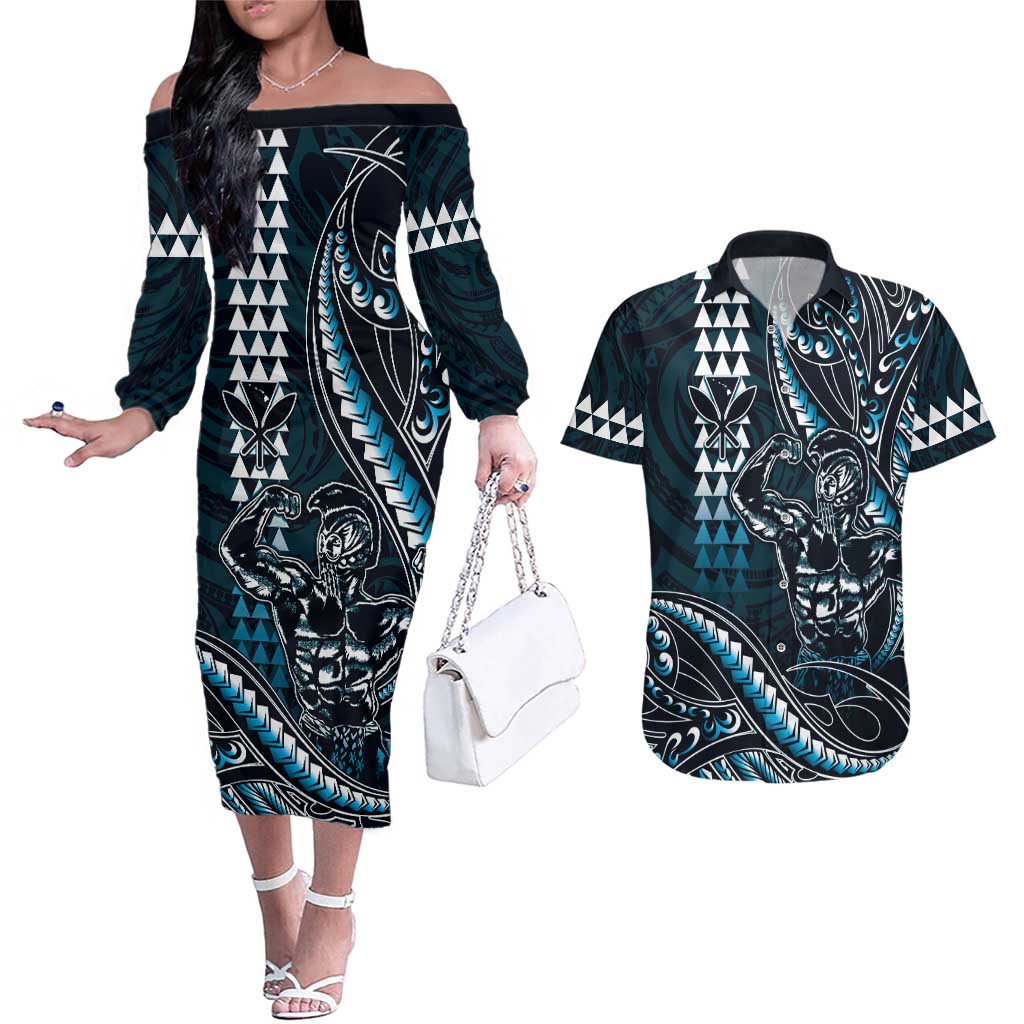Hawaii Ikaika Warrior Helmet Couples Matching Off The Shoulder Long Sleeve Dress and Hawaiian Shirt Blue Tribal Tattoo