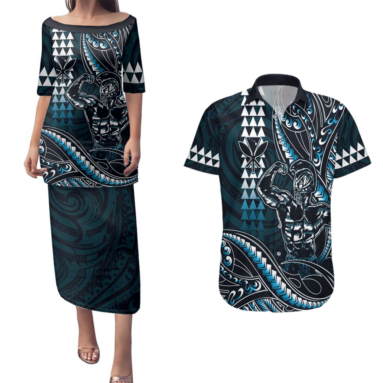 Hawaii Ikaika Warrior Helmet Couples Matching Puletasi and Hawaiian Shirt Blue Tribal Tattoo