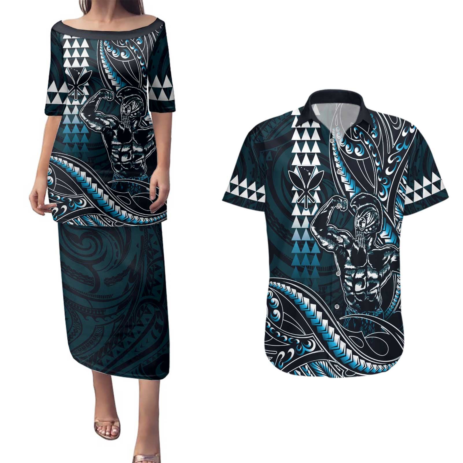 Hawaii Ikaika Warrior Helmet Couples Matching Puletasi and Hawaiian Shirt Blue Tribal Tattoo