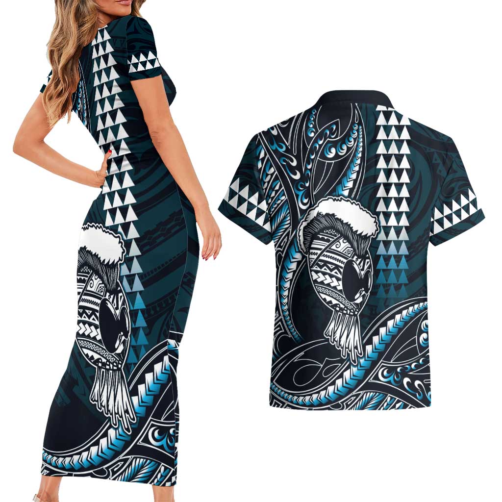Hawaii Ikaika Warrior Helmet Couples Matching Short Sleeve Bodycon Dress and Hawaiian Shirt Blue Tribal Tattoo