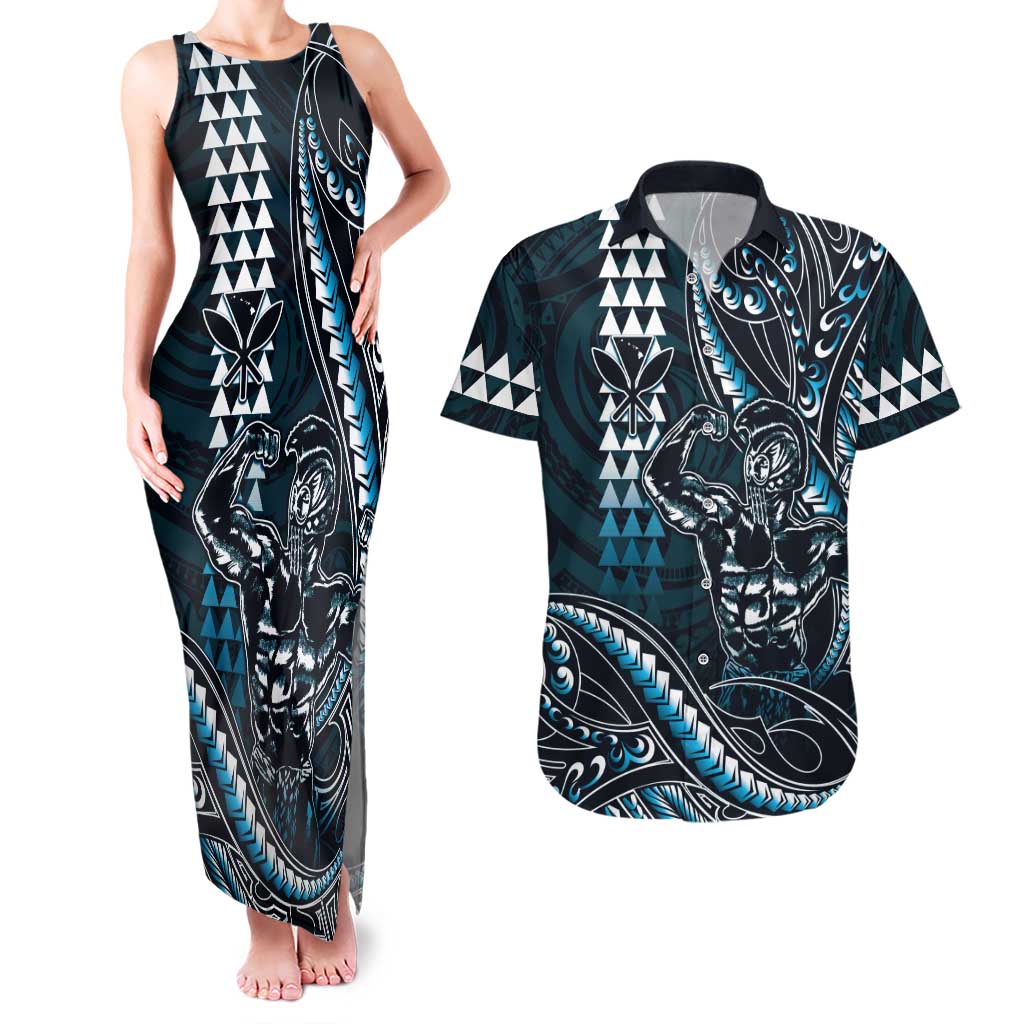 Hawaii Ikaika Warrior Helmet Couples Matching Tank Maxi Dress and Hawaiian Shirt Blue Tribal Tattoo