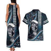 Hawaii Ikaika Warrior Helmet Couples Matching Tank Maxi Dress and Hawaiian Shirt Blue Tribal Tattoo